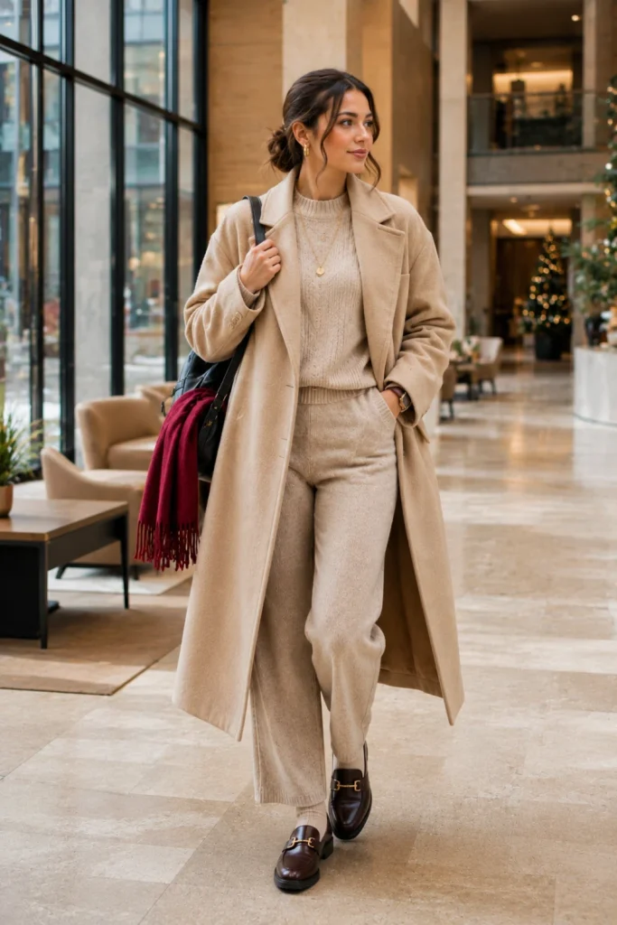 A modern winter school outfit featuring an oversized coat, knit sweater, straight-leg jeans, and chunky boots styled for contemporary student fashion.
