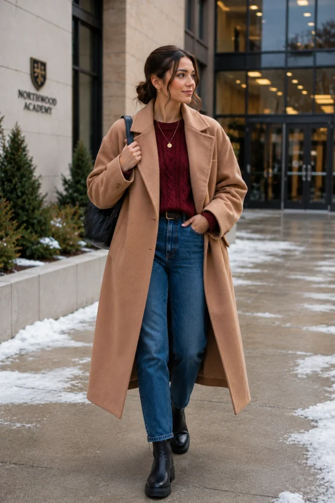A modern winter school outfit featuring an oversized coat, knit sweater, straight-leg jeans, and chunky boots styled for contemporary student fashion.