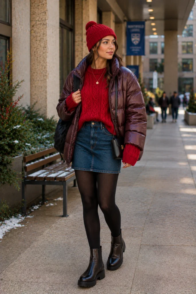 A fashion-forward winter school outfit featuring an oversized knit sweater, denim skirt, tights, puffer jacket, and boots in a colorful modern student look.