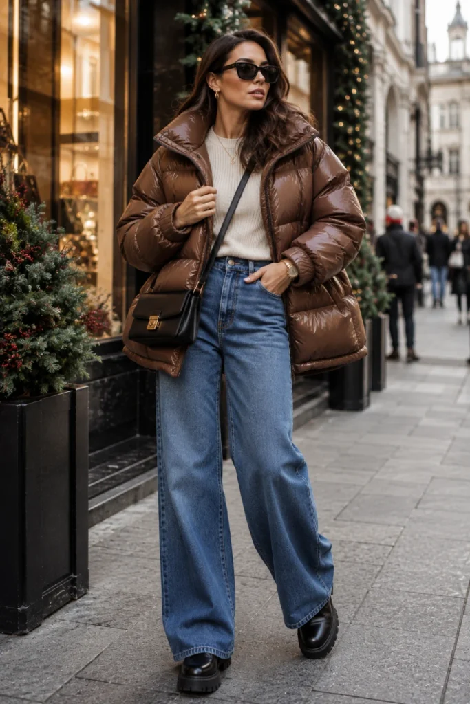 A trendy woman wearing an oversized winter puffer jacket with wide-leg jeans, a fitted sweater, chunky boots, and a sleek crossbody bag.