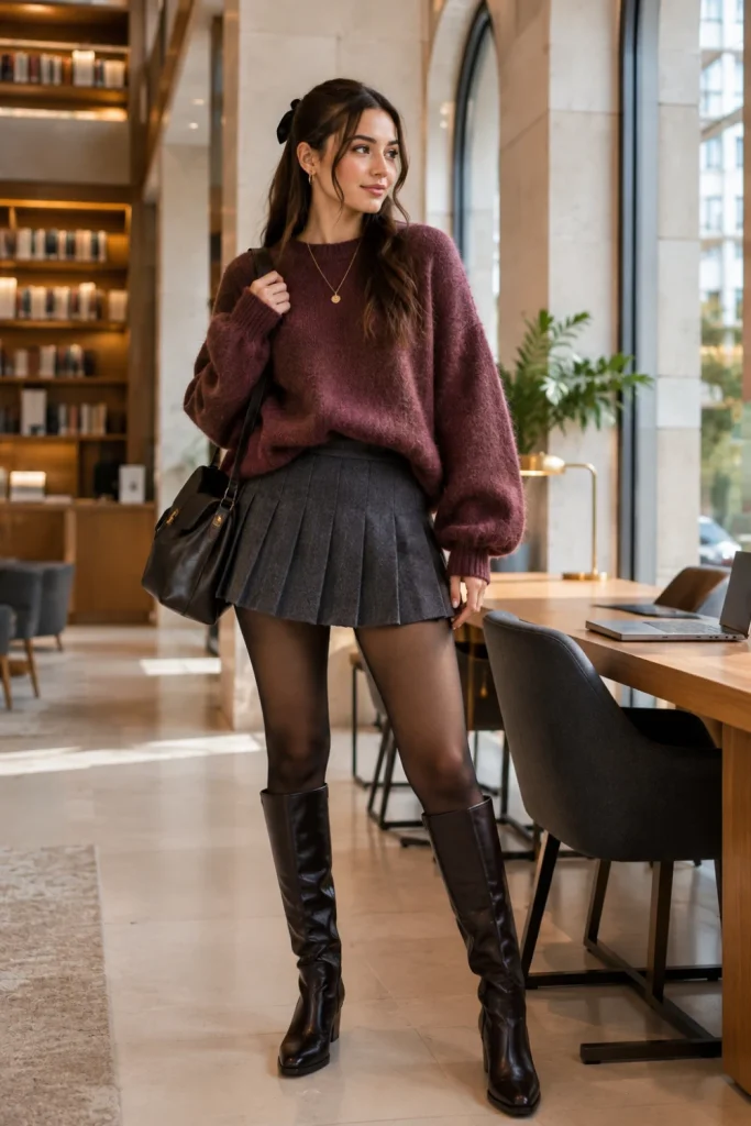 Stylish oversized sweater with pleated mini skirt, warm tights and knee-high boots creating a chic modern winter school outfit for students.