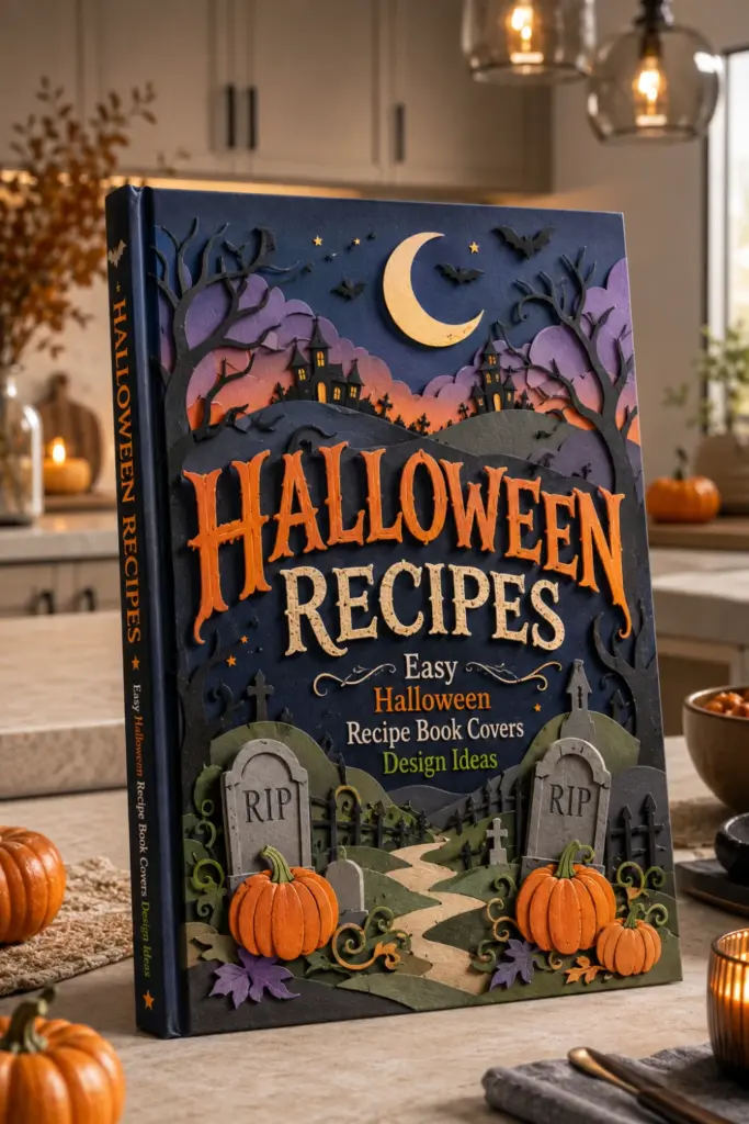 3D paper-cut Halloween recipe book cover showing a layered graveyard at twilight with pumpkins and trees.