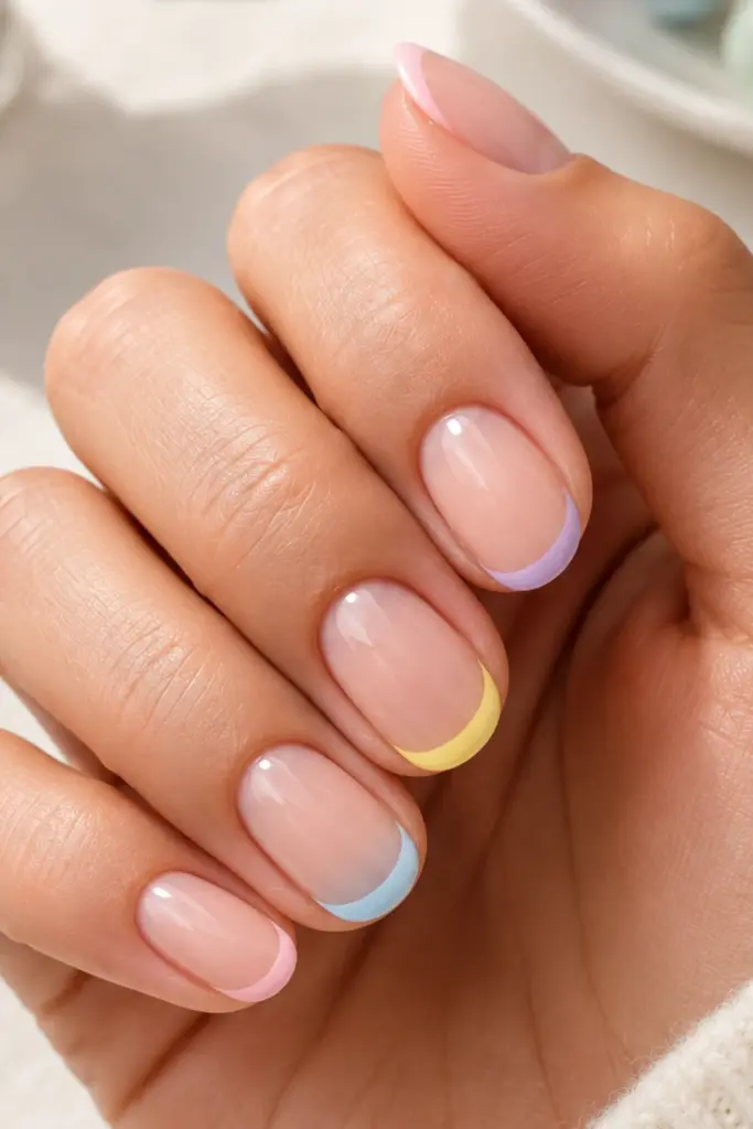 Pastel rainbow French tip nails featuring soft pink, blue, yellow, lavender, and mint tips on a sheer base.