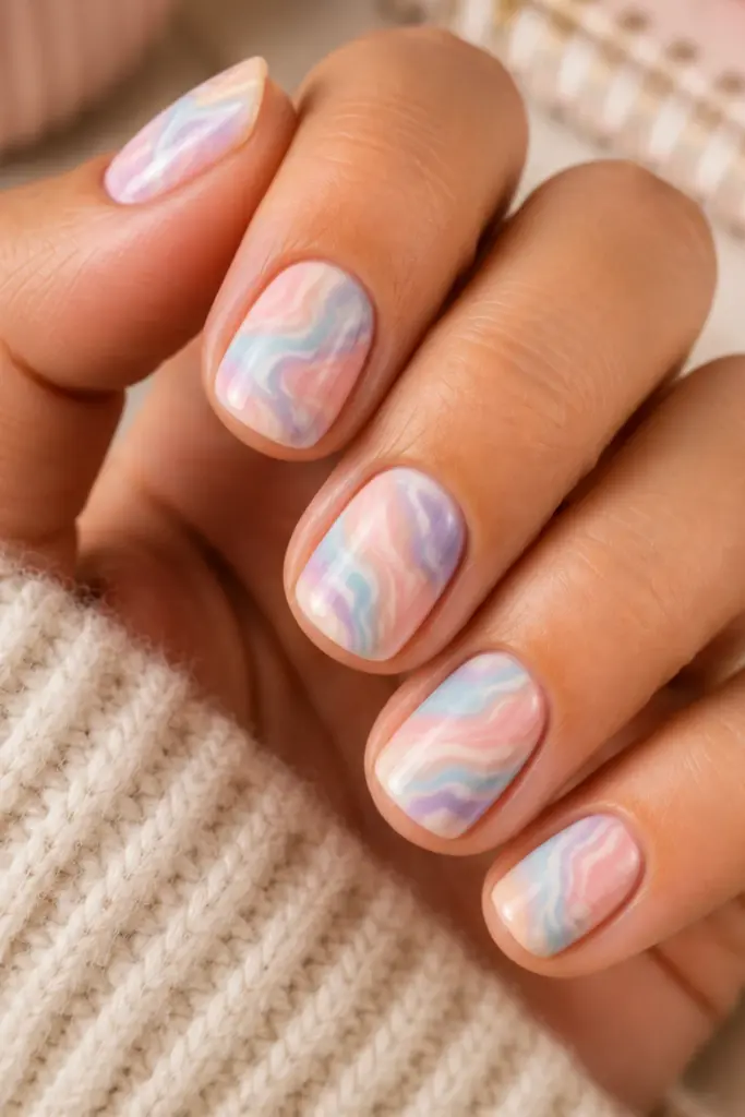 Pastel pink and blue tie-dye swirl short nails for a colorful classy fall manicure.
