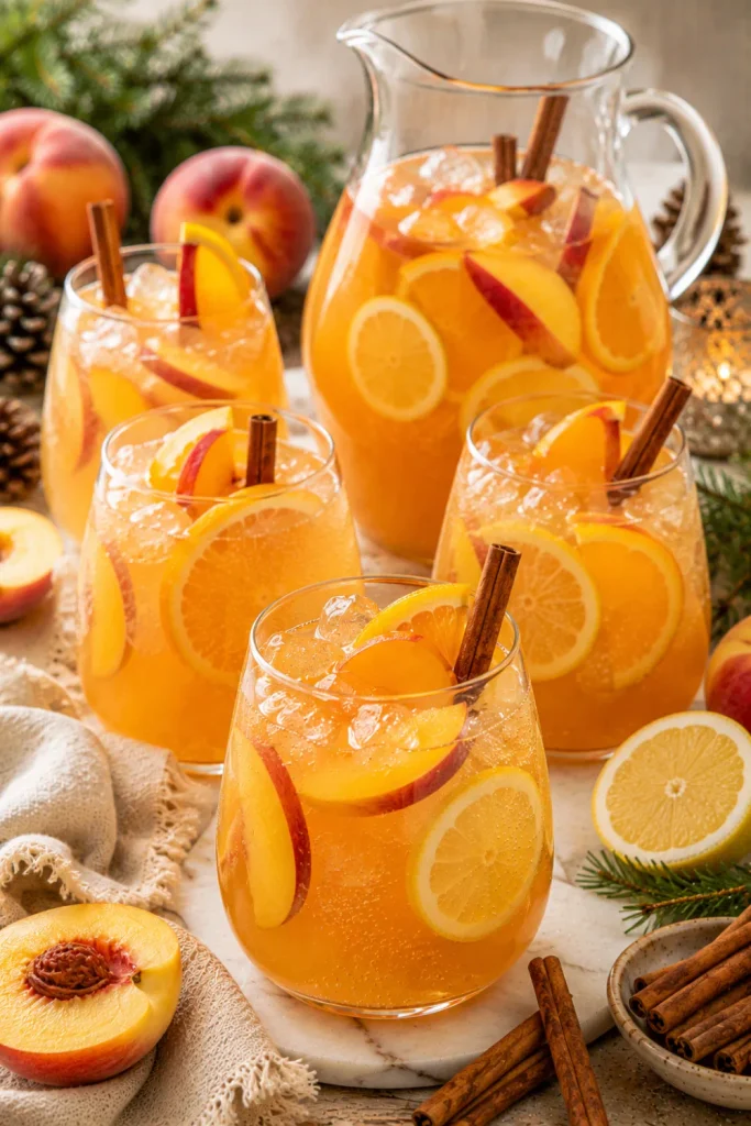 Fruity peach cinnamon winter punch with citrus, sparkling water, lemon slices, and cinnamon, styled for a modern gathering.