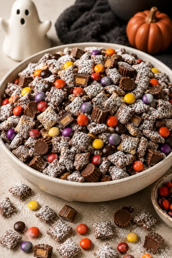 Peanut butter monster mash gluten-free Halloween trail mix made with chocolate peanut butter Chex, powdered sugar, Halloween M&Ms, and mini peanut butter cups.