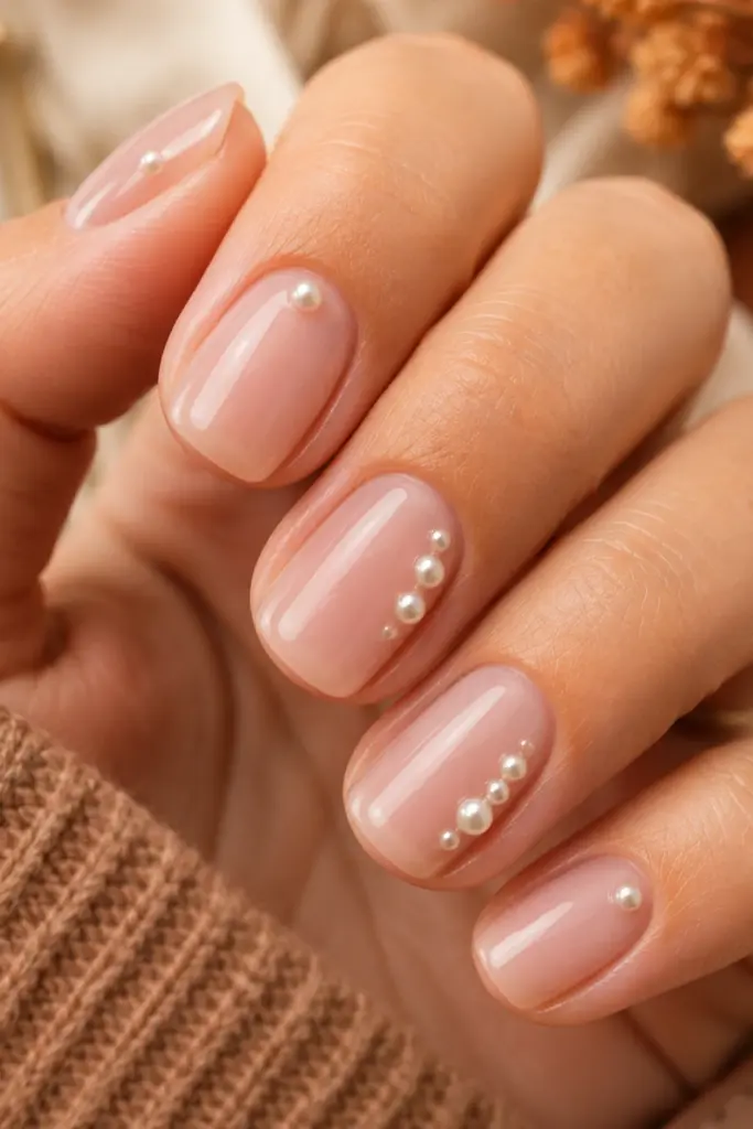 Elegant sheer short nails decorated with delicate white pearl embellishments for a chic autumn manicure.