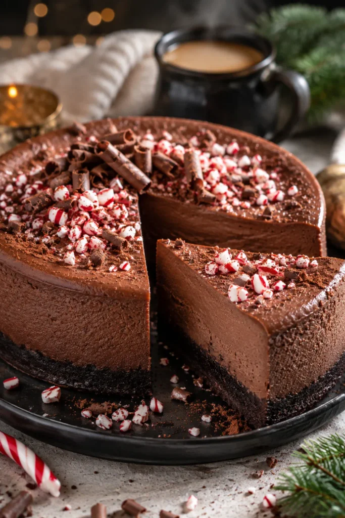 Peppermint mocha winter cheesecake with rich chocolate filling, espresso flavor, peppermint garnish, and a creamy crust.
