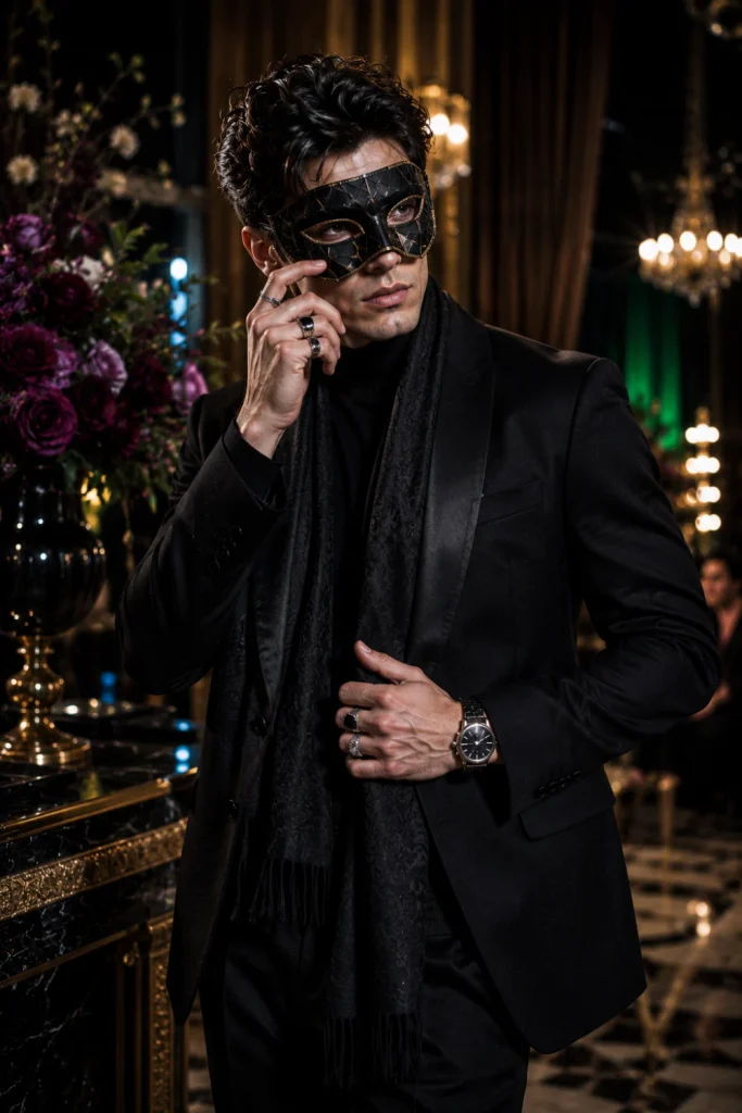 Elegant phantom masquerade Halloween outfit for men with a black suit, decorative mask, pale makeup, and modern evening accessories.