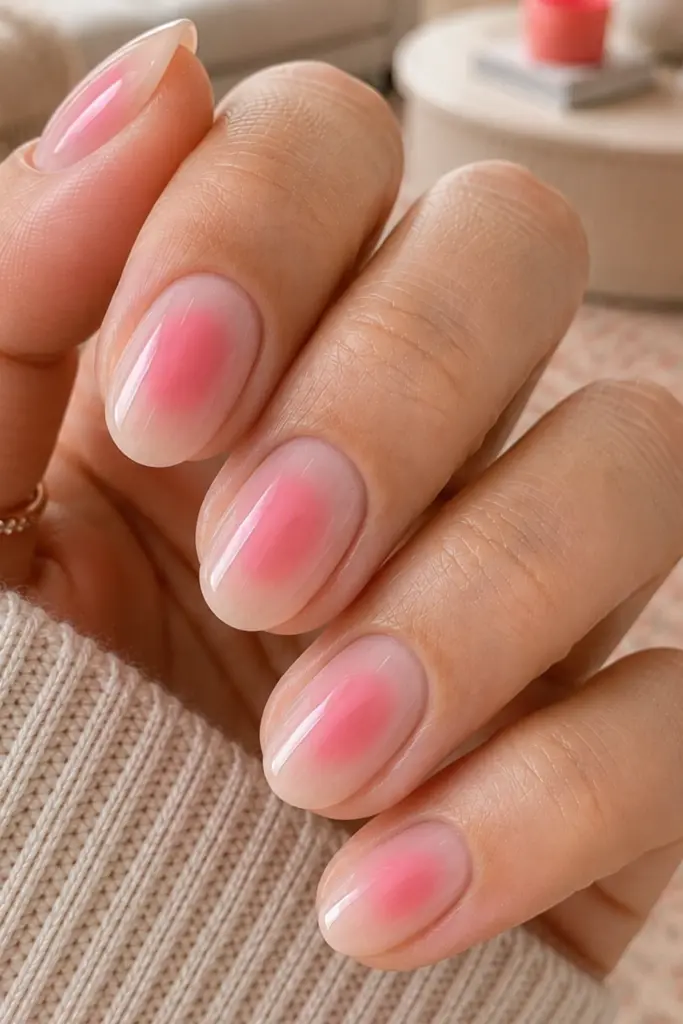Soft pink aura clean girl nails with a dreamy diffused gradient for a cute back-to-school manicure.