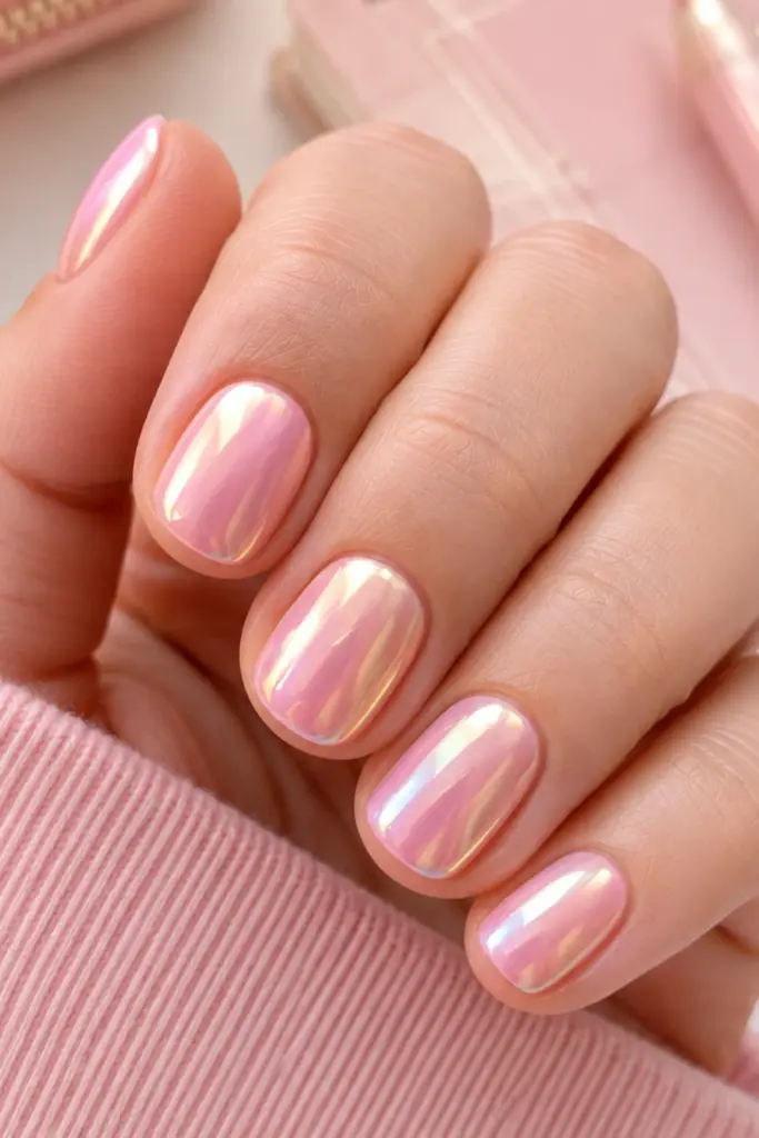 Cute short pink glazed donut nails with a glossy pearlescent finish for a stylish school season.