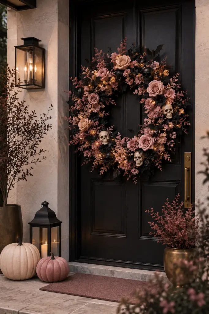 Pink and black Halloween wreath with blush roses, tiny skulls, and warm fairy lights on a contemporary front door for Best Halloween Aesthetic Design Ideas for Every Home.