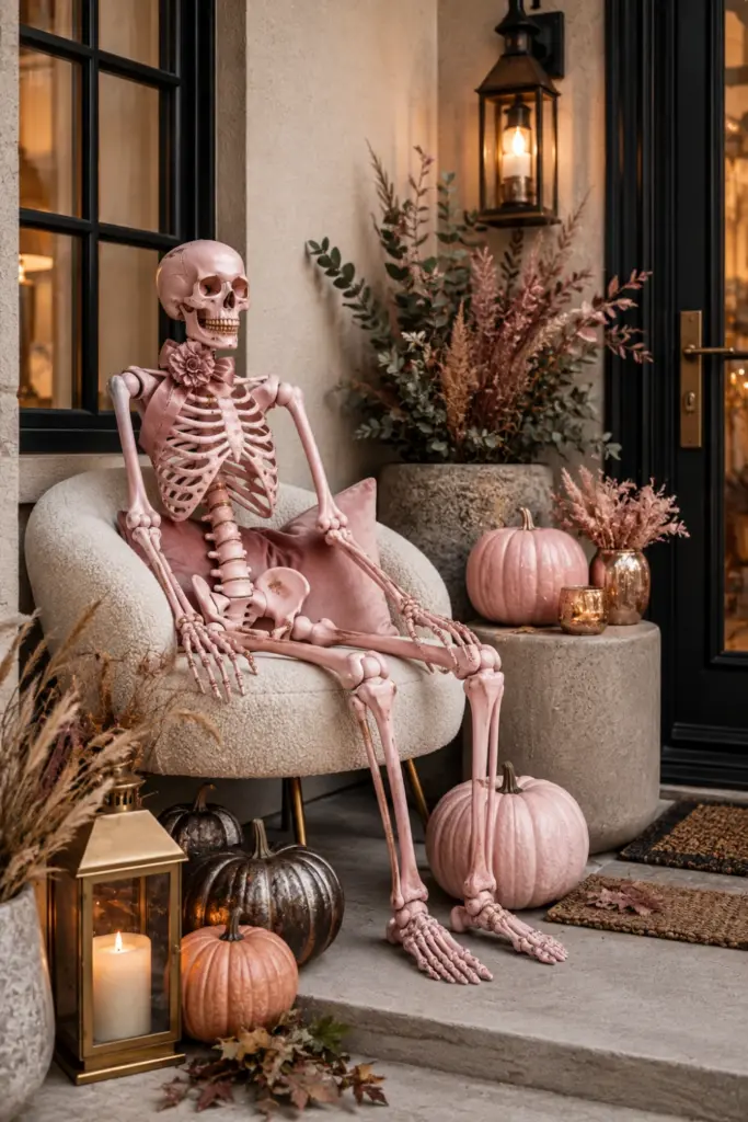 Blush-pink skeleton seated on a modern porch chair with rose-gold accents, pumpkins, and warm lighting for Best Halloween Aesthetic Design Ideas for Every Home.
