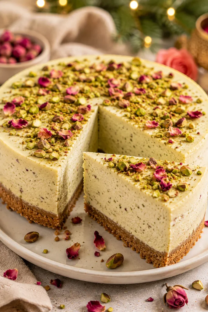 Pistachio rose winter cheesecake with a creamy filling, chopped pistachios, delicate rose accents, and a buttery crust.