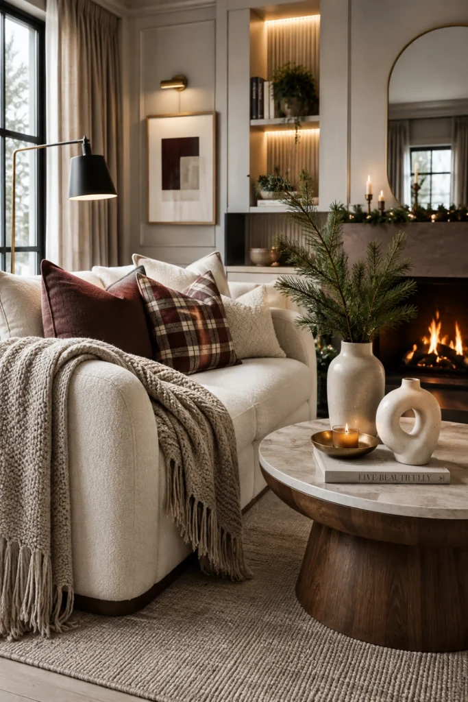A plaid cozy winter living room with an ivory sofa, chunky knit blankets, warm lighting, pine greenery, and modern neutral decor.