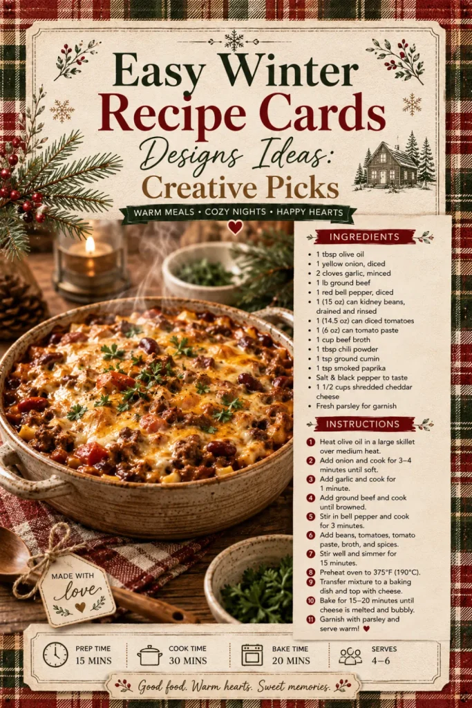 A plaid cozy winter recipe card with classic plaid borders, wood-inspired textures, warm colors, and inviting cabin-kitchen food styling.