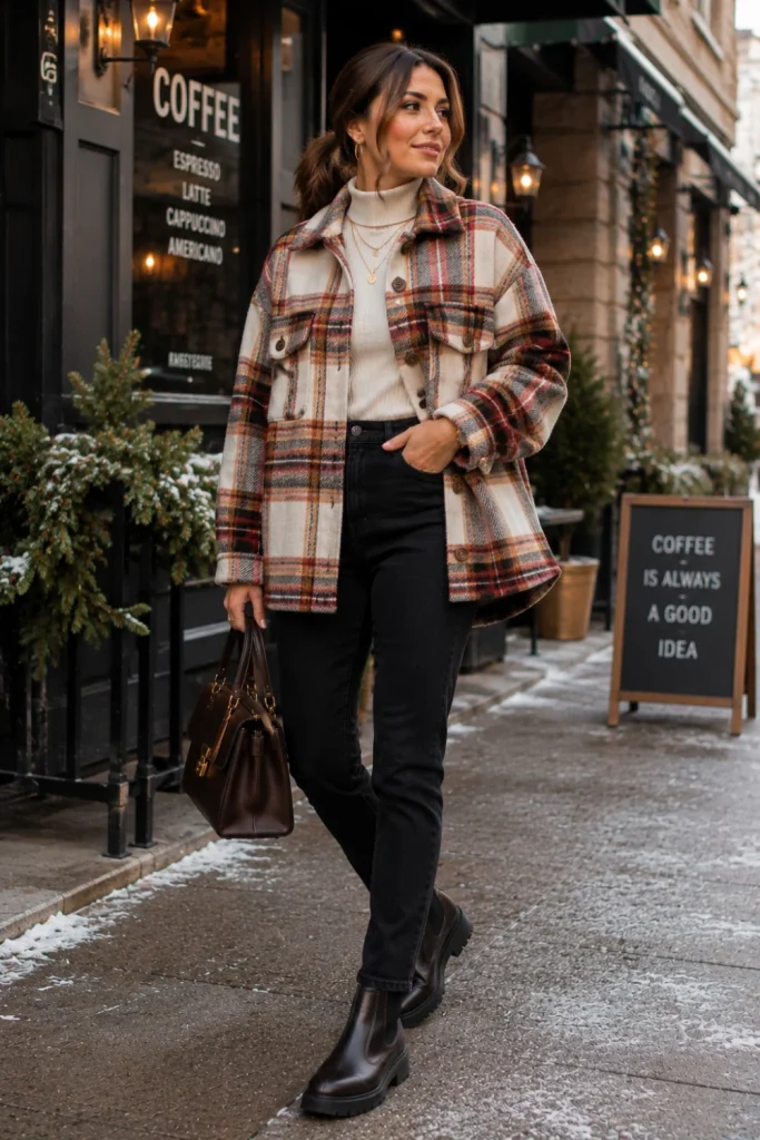 Modern 2026 winter street-style look with a neutral plaid shacket, fitted ivory sweater, black jeans, ankle boots, and chic accessories.
