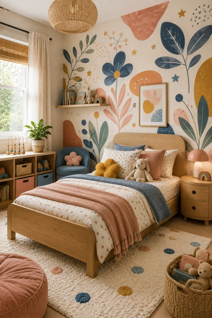 Playful modern kids' bedroom with colorful statement wallpaper, soft wood furniture, contemporary bedding, and stylish 2026 decor.