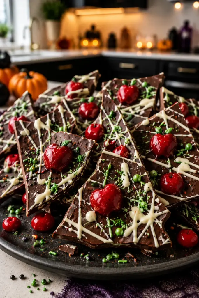 Poison Apple Candy Bark made with dark chocolate, red candy pieces, white chocolate drizzle, and green Halloween sprinkles.