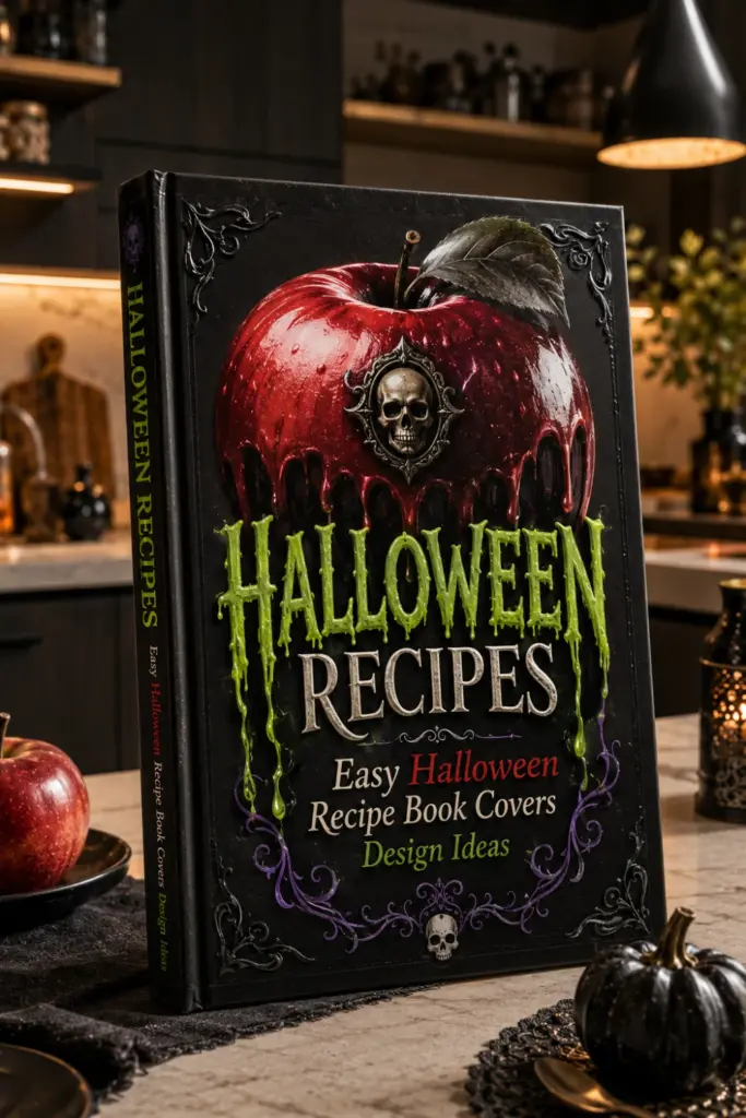 Poison apple Halloween recipe book cover featuring a glossy red apple, skull emblem, and dripping green poison lettering.