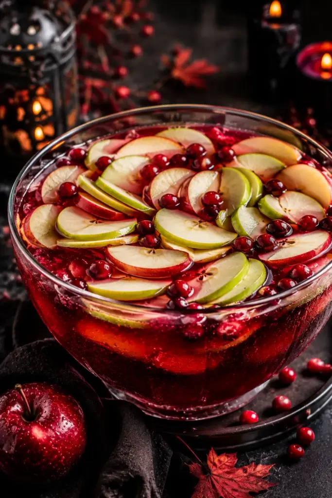 Poison Apple Jungle Juice featuring apple cider, sour apple mix, cranberry juice, vodka, and fresh apple slices for a sweet-and-tart Halloween punch.