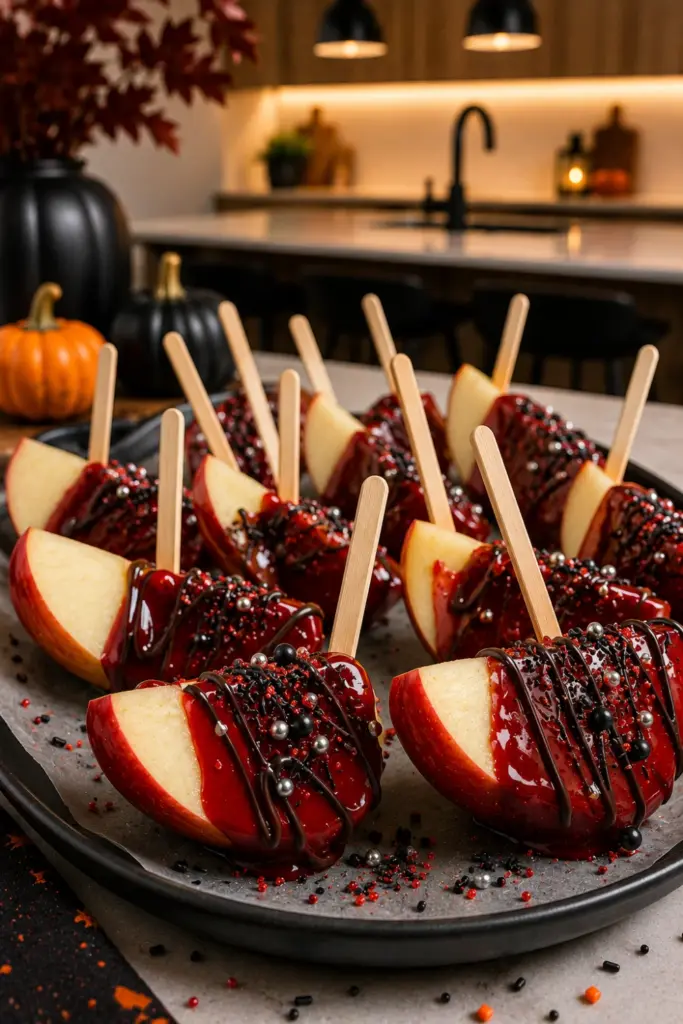 Poison Candy Apple Slices coated in glossy red candy with dark chocolate drizzle and Halloween sprinkles.