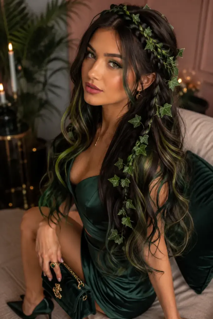 Elegant green vine hairstyle with modern Poison Ivy-inspired braids for Easy Best Halloween Hair Design Ideas for Stunning Looks