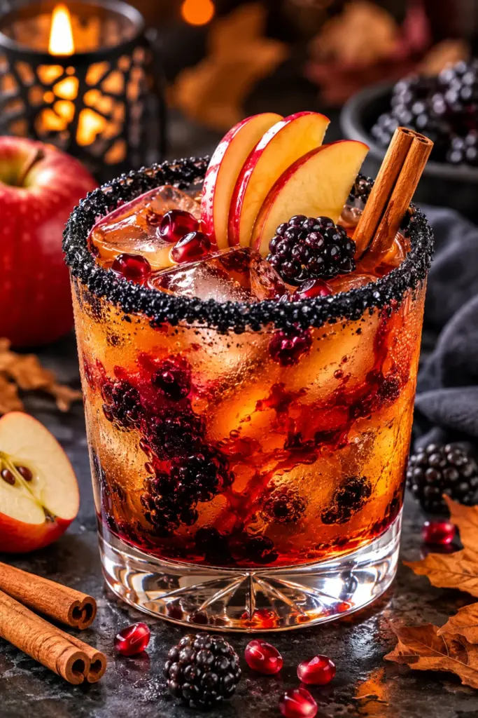 Poisoned Apple Cider with dark rum or bourbon, apple cider, grenadine, muddled blackberries, and a black sugar rim