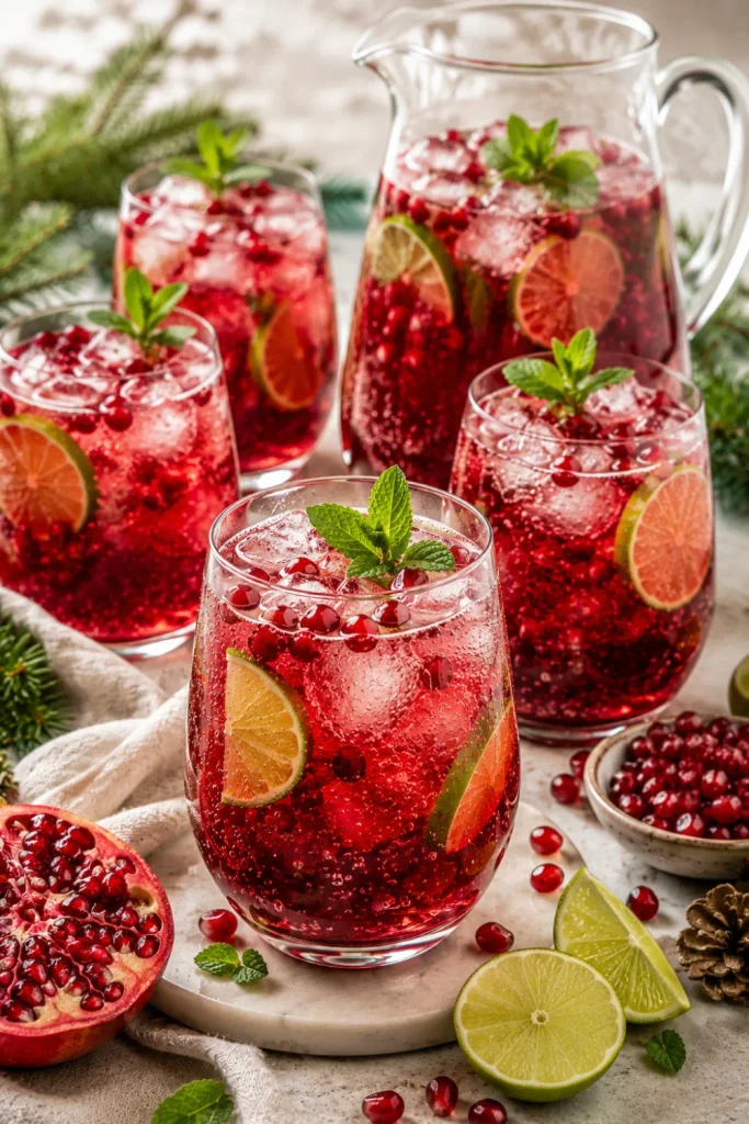 Ruby pomegranate lime refresher with mint, lime wedges, and sparkling water styled for modern winter entertaining.