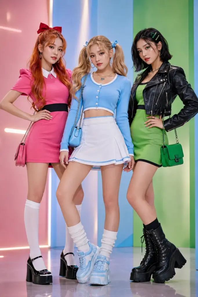 Three stylish women dressed as modern Blossom, Bubbles, and Buttercup in colorful 2026-inspired Halloween trio outfits with coordinated shoes, accessories, hairstyles, and makeup.