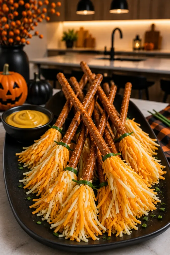 Pretzel broomsticks made with pretzel rods, shredded cheese, and chives on a modern Halloween party platter.