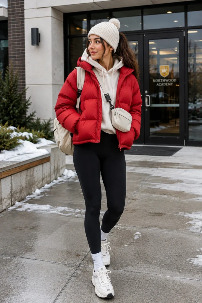 A cozy modern student winter outfit featuring a puffer jacket, hoodie, leggings, and winter sneakers styled in a colorful contemporary school setting.