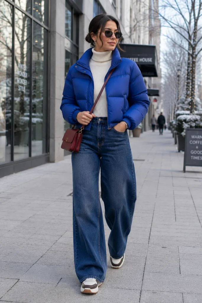 Trendy 2026 winter fashion look featuring a cropped puffer jacket, wide-leg jeans, fitted knitwear, chunky sneakers, and modern accessories.
