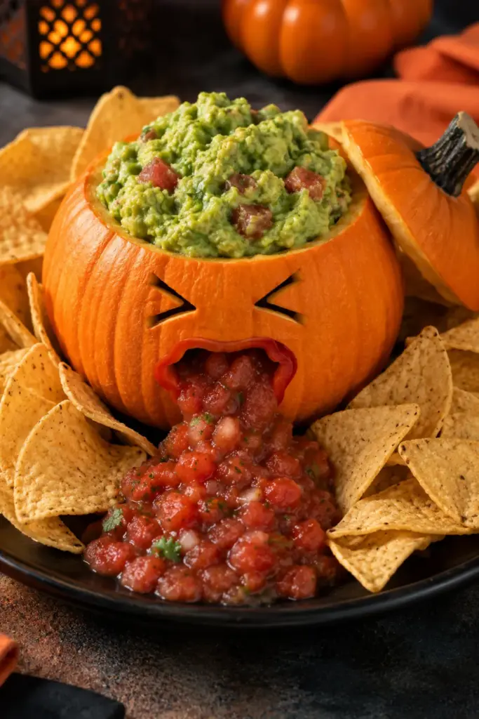 Puking Pumpkin Guac Bowl made with creamy green guacamole inside a hollowed mini pumpkin, humorously spilling salsa from a pepper mouth and surrounded by tortilla chips.