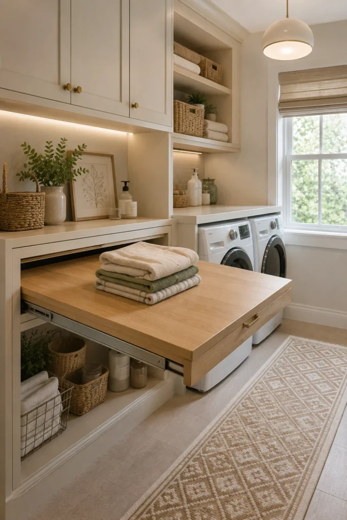 Modern laundry room with a pull-out folding surface hidden beneath cabinetry, warm neutral colors, organized storage, and stylish 2026 finishes.