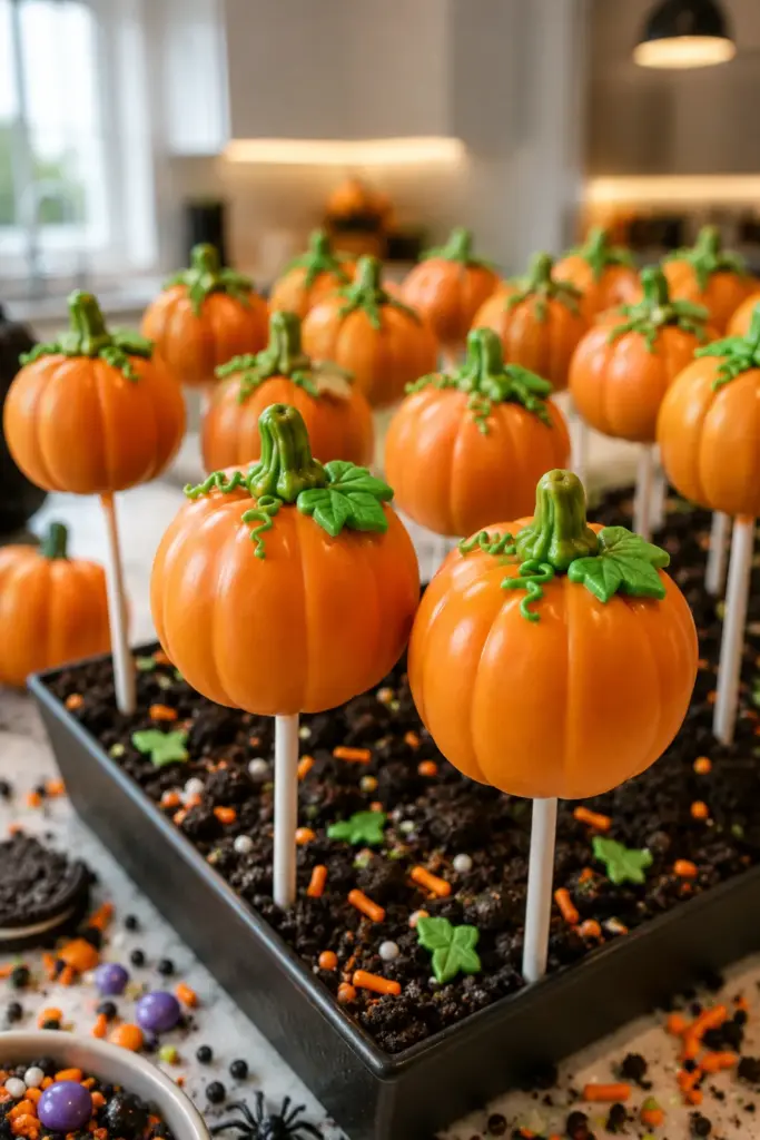 Pumpkin patch cake pops covered in orange candy coating with green stems are arranged like a festive Halloween pumpkin patch.