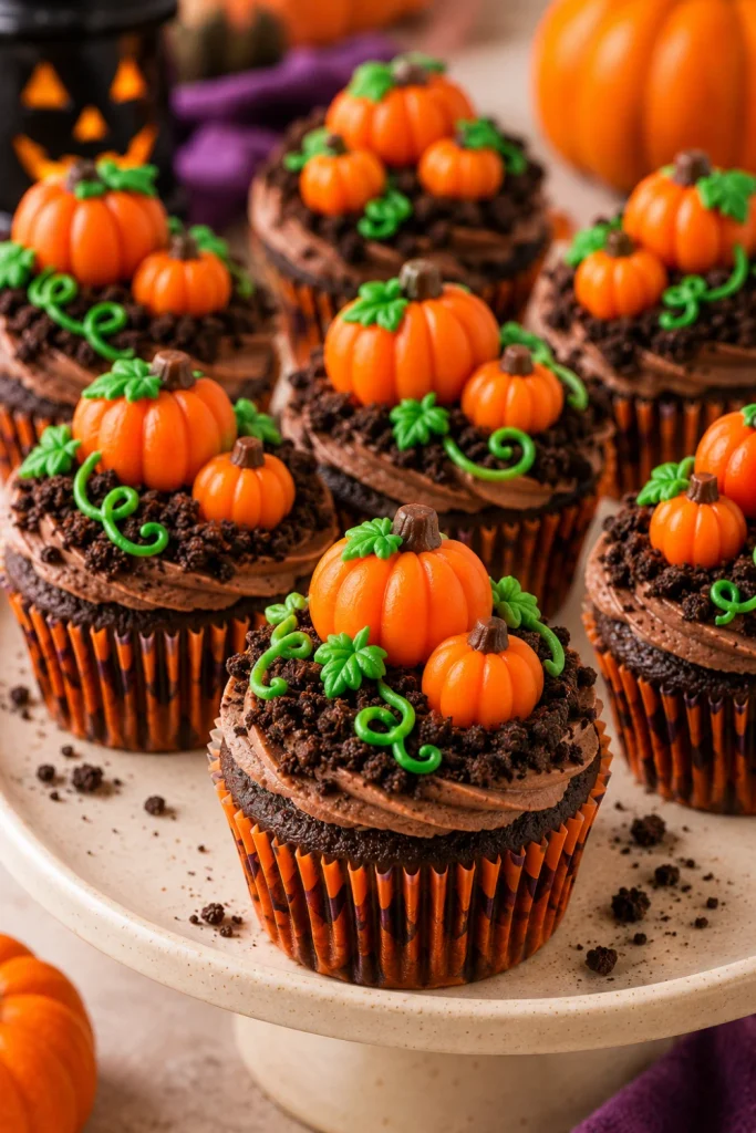 Pumpkin Patch Cupcakes topped with creamy Halloween frosting, crushed cookie soil, pumpkin candies, and green icing vines.