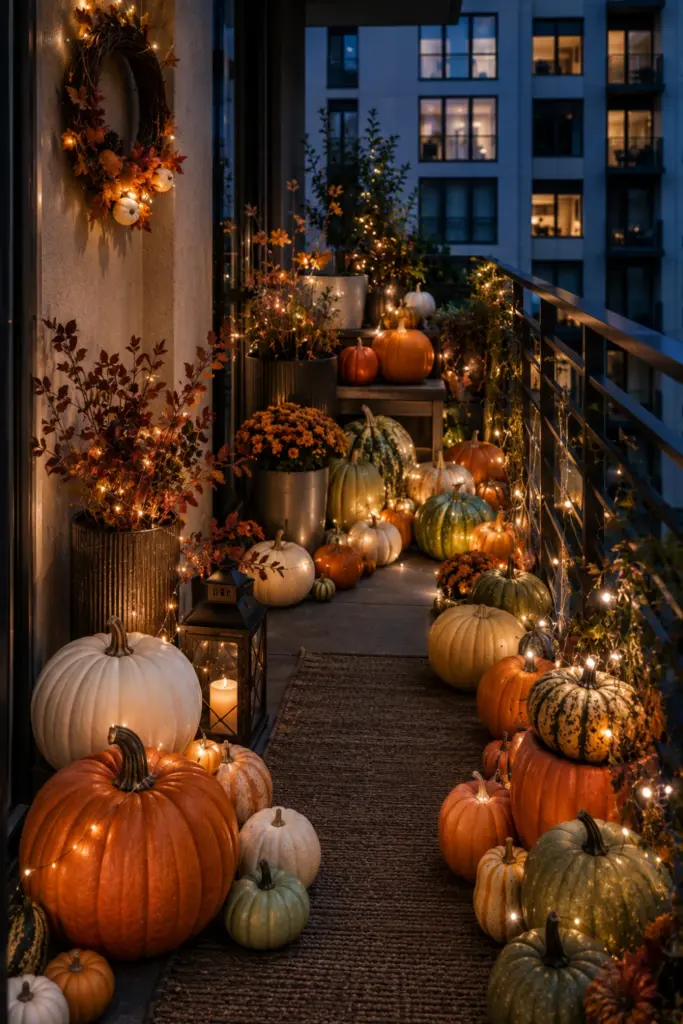 Warm modern Halloween balcony decorated with assorted pumpkins, fairy lights, and layered contemporary autumn accents.