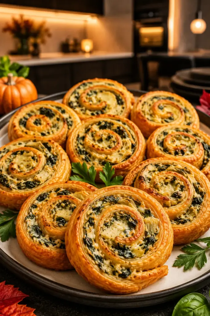 Pumpkin-colored puff pastry pinwheels filled with creamy spinach-artichoke dip for an easy Halloween appetizer.