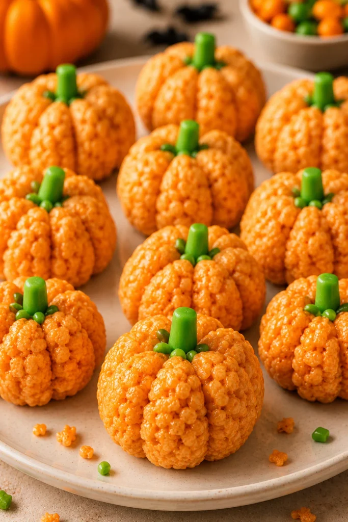 Pumpkin Rice Krispie Treats shaped like mini pumpkins with orange coloring and green candy stems are a colorful Halloween recipe for kids.