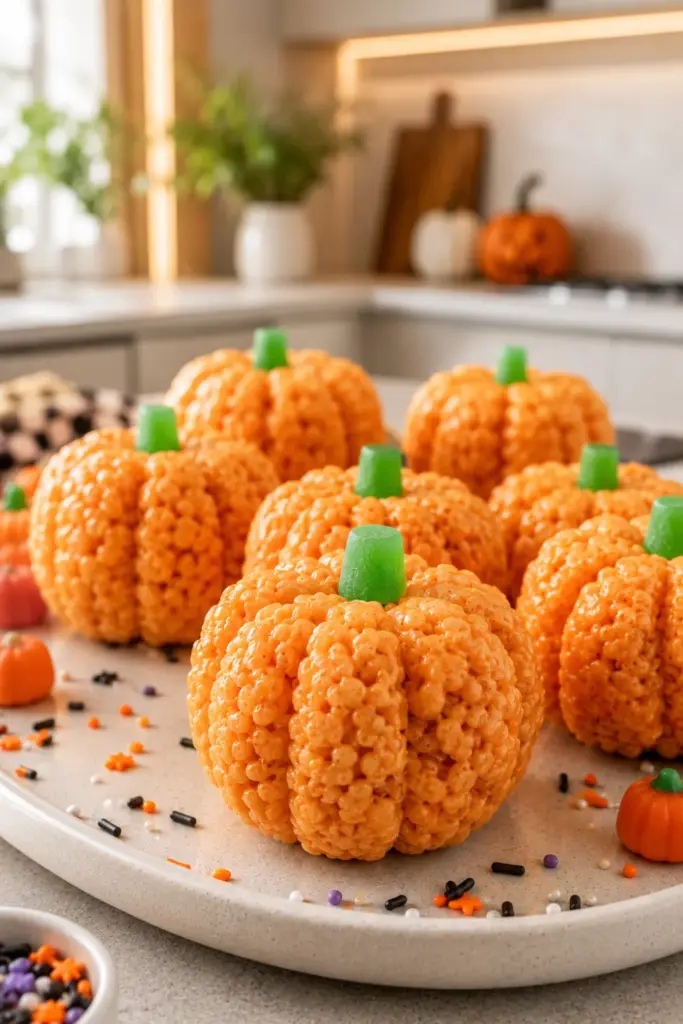 Orange Pumpkin Rice Krispie Treats shaped like pumpkins with candy stems for an easy Halloween party dessert.