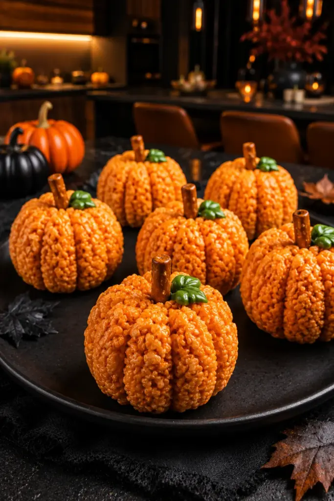 Orange pumpkin-shaped Rice Krispie treats with pretzel stems and green icing leaves on a stylish Halloween party platter.