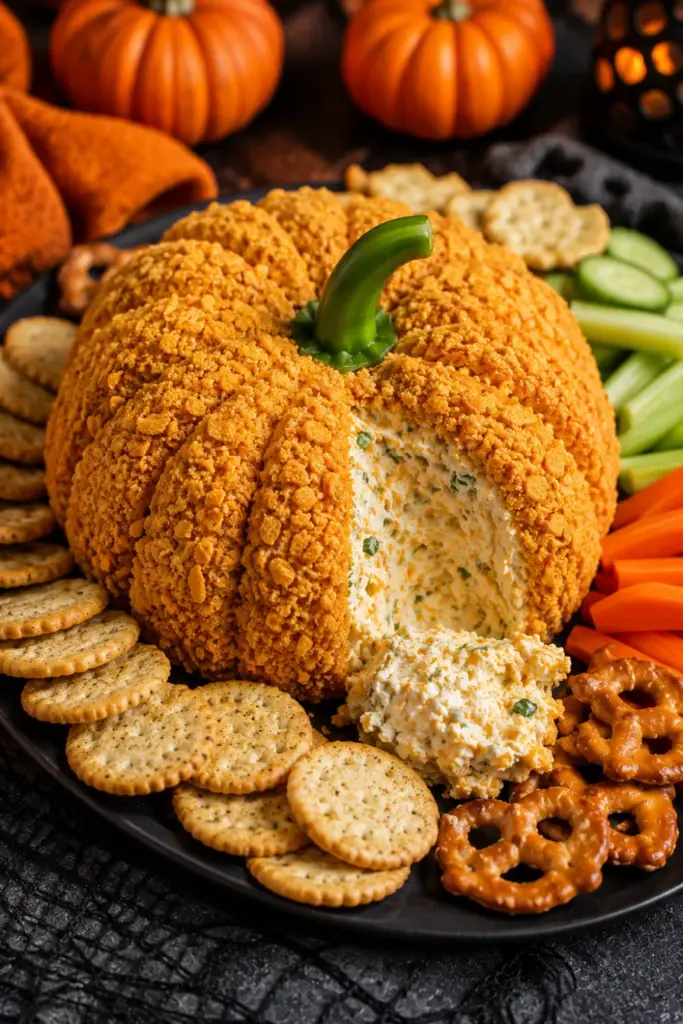 Pumpkin-shaped cheese ball coated in crushed tortilla chips and finished with a green bell pepper stem, served with crisp crackers for a festive Halloween appetizer.