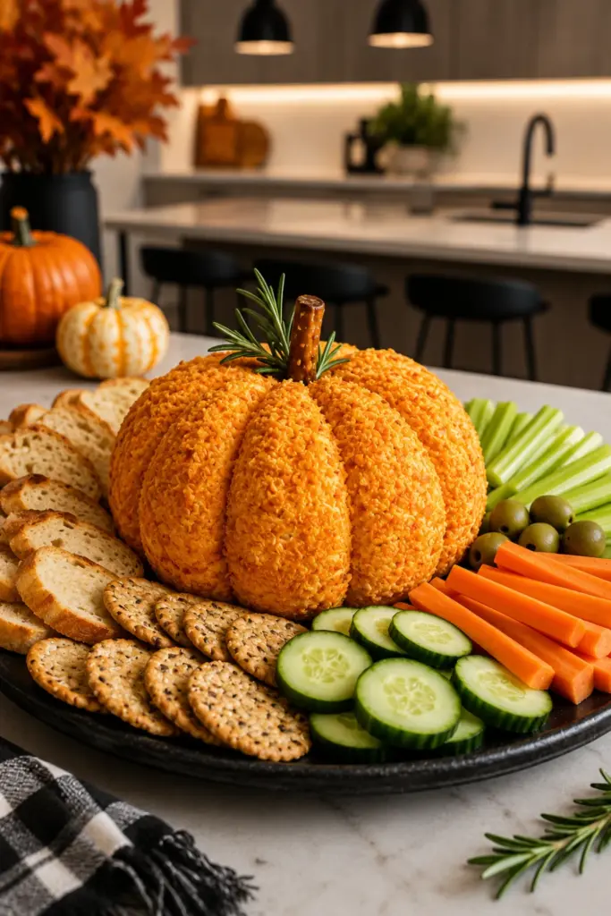 Pumpkin-Shaped Cheeseball surrounded by crackers and vegetables on a modern Halloween appetizer table.