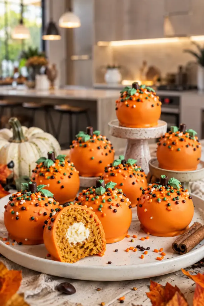 Pumpkin spice cake balls with cream cheese frosting, orange coating, pumpkin sprinkles, and warm modern Halloween styling.