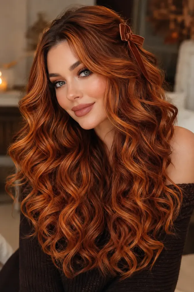 Voluminous copper pumpkin spice curls with warm autumn highlights for Easy Best Halloween Hair Design Ideas for stunning looks.