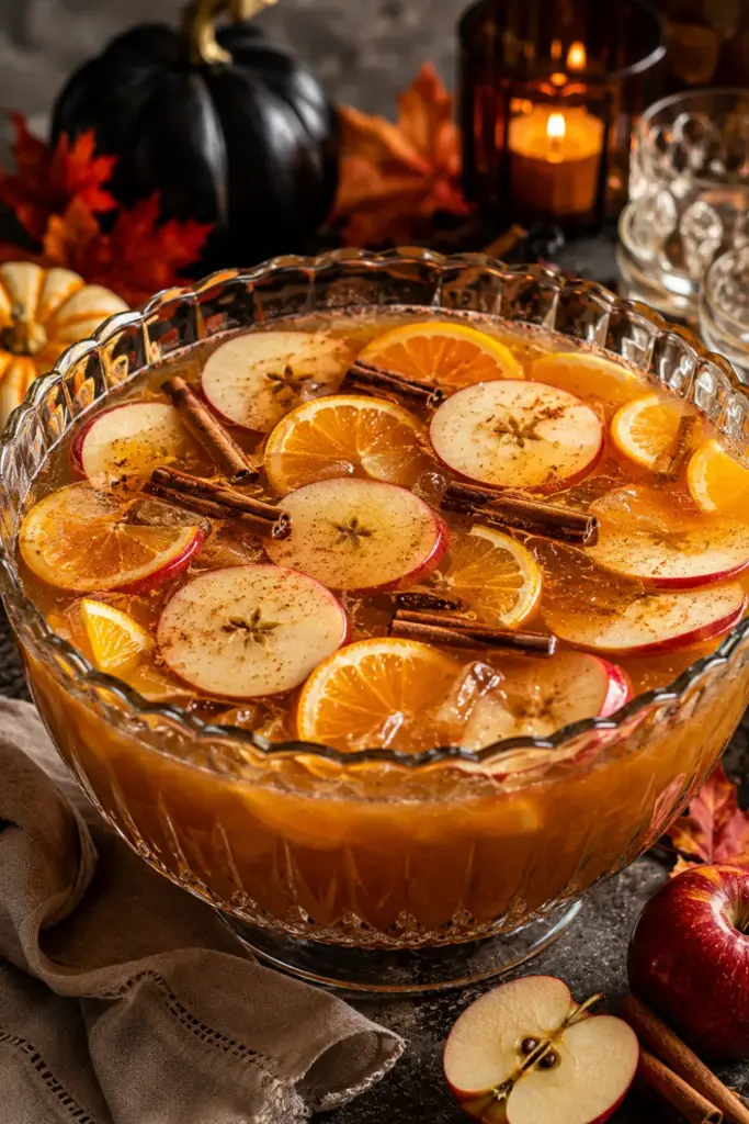 Pumpkin spice Halloween punch with apple cider, orange juice, pumpkin spice syrup, vodka, cinnamon, and fresh apple garnishes in a cozy fall party setting.