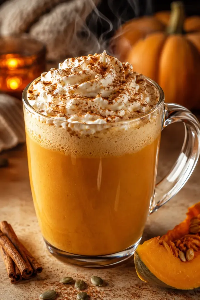 Pumpkin Spice Potion with creamy pumpkin puree, warm spices, milk, espresso or rum, whipped cream, and cinnamon in a cozy Halloween setting.