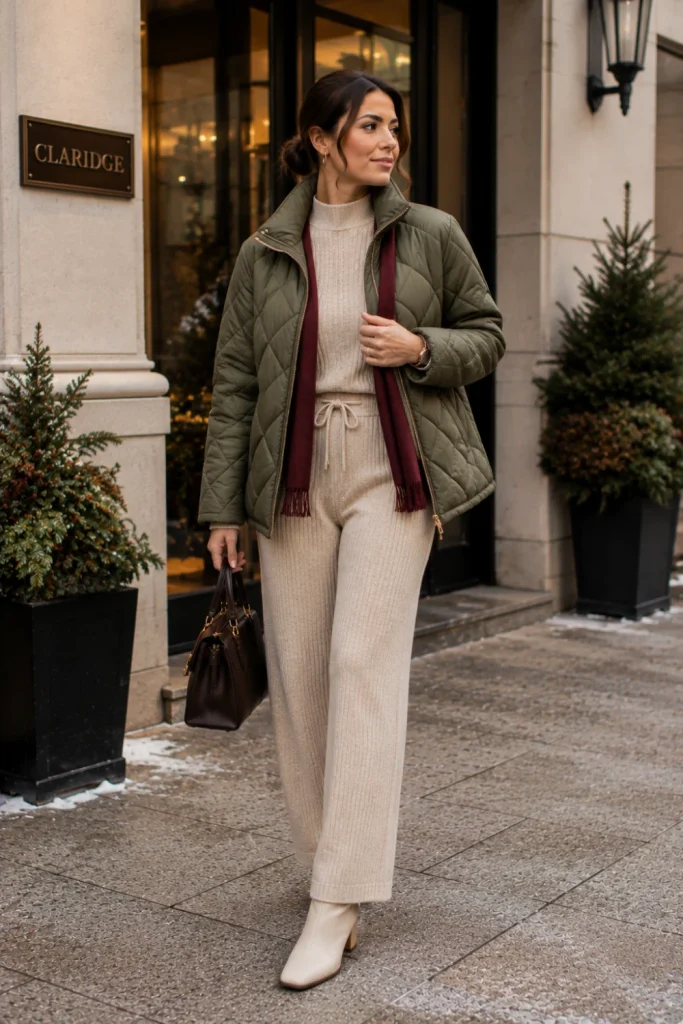 Chic 2026 winter outfit with a quilted jacket, matching oatmeal knit set, sleek boots, structured handbag, and modern accessories.