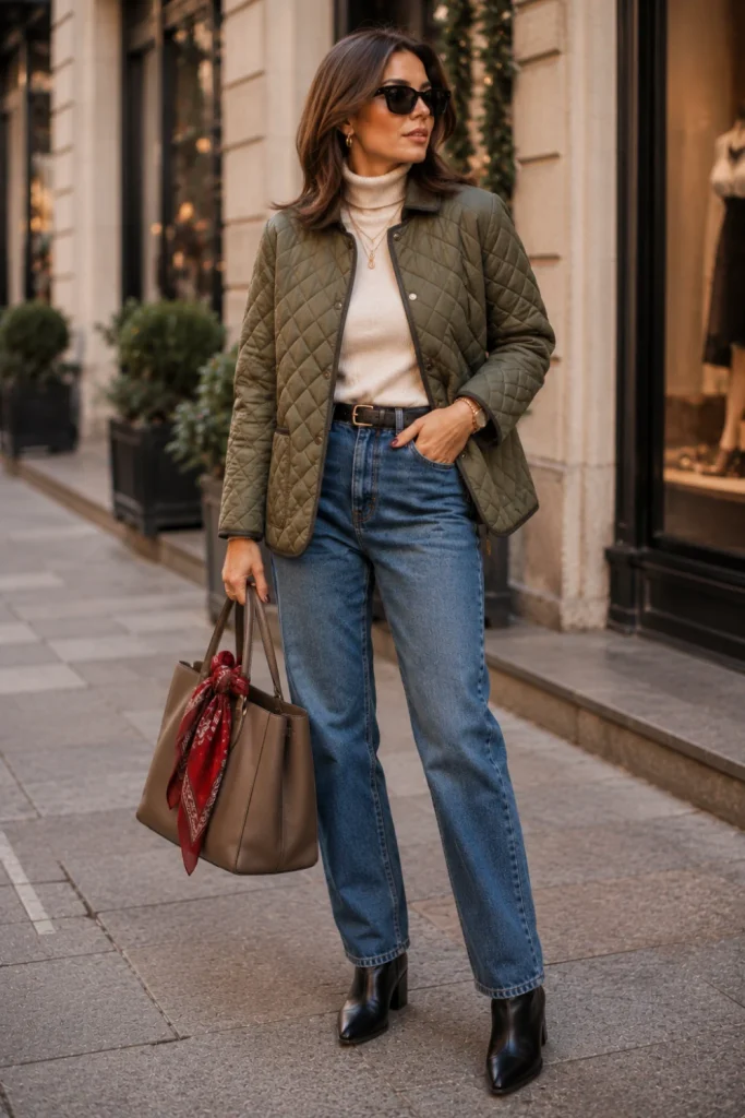 A stylish woman in a modern quilted jacket, fitted turtleneck, straight-leg jeans, leather boots, and roomy tote for a polished casual winter outfit.